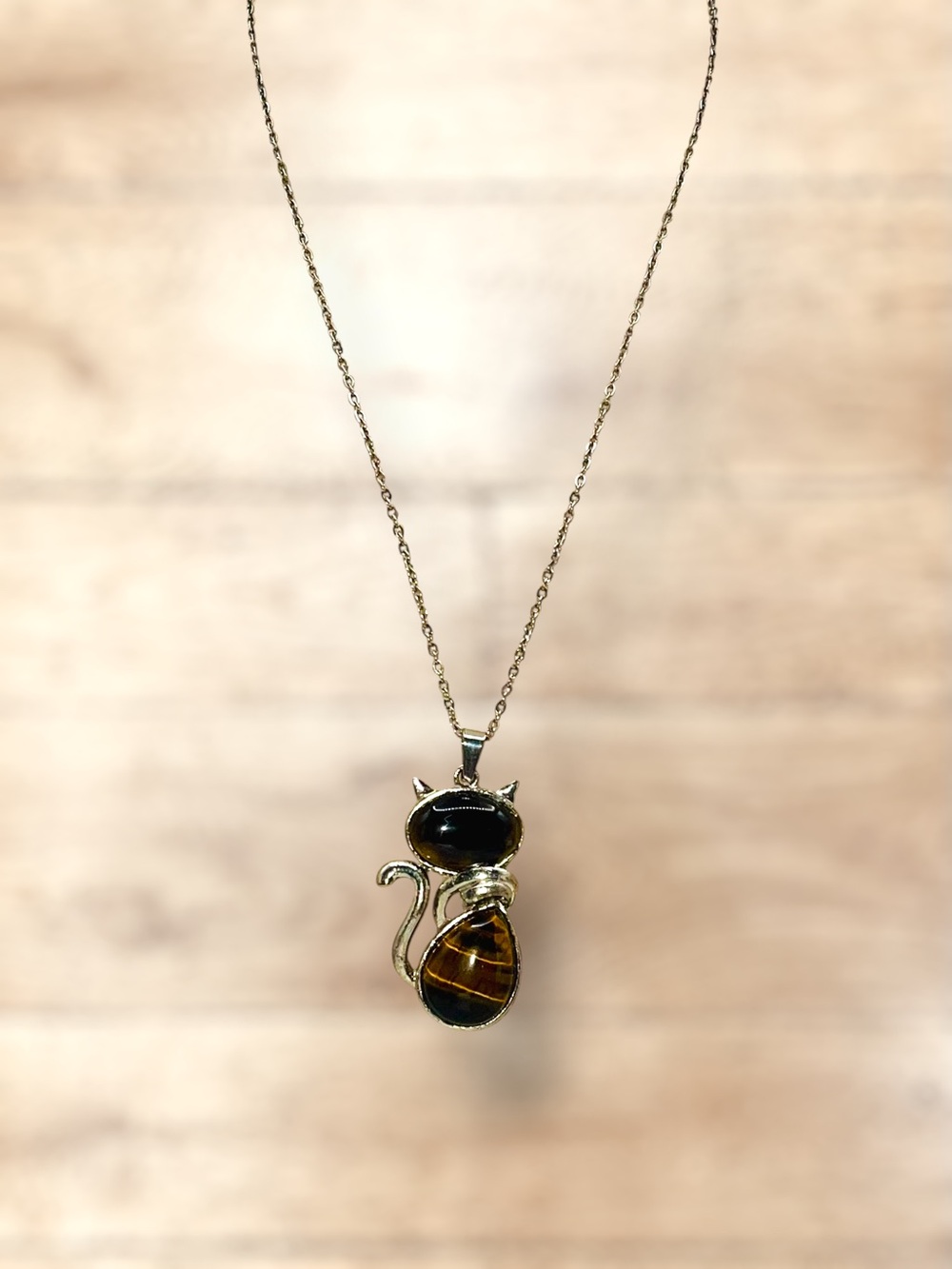 Cute Tiger Eye Natural Stone Cat Kitten Pendant Necklace Silver Tone - Picture 8 of 16